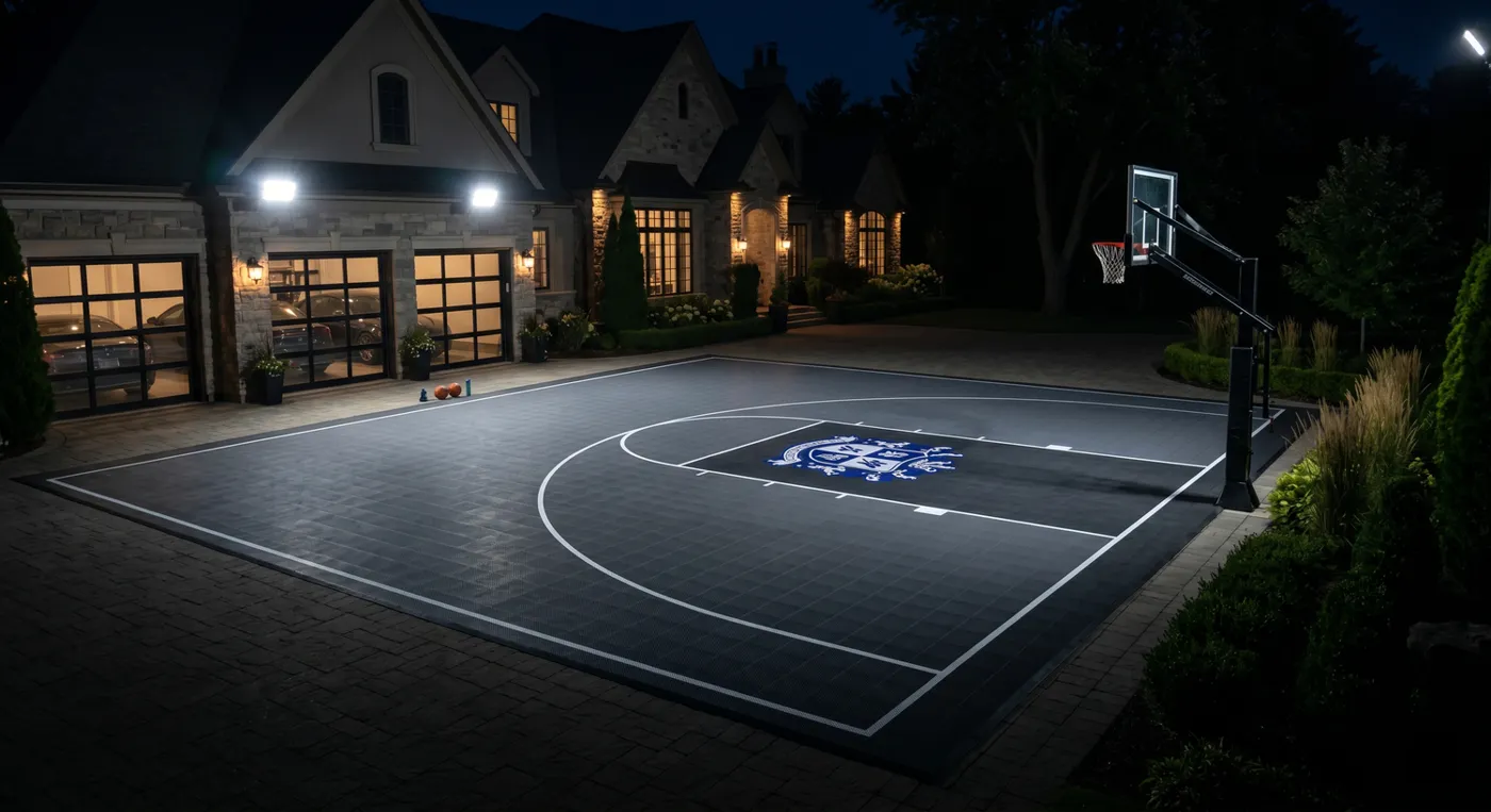 Concept rendering: driveway basketball court at night