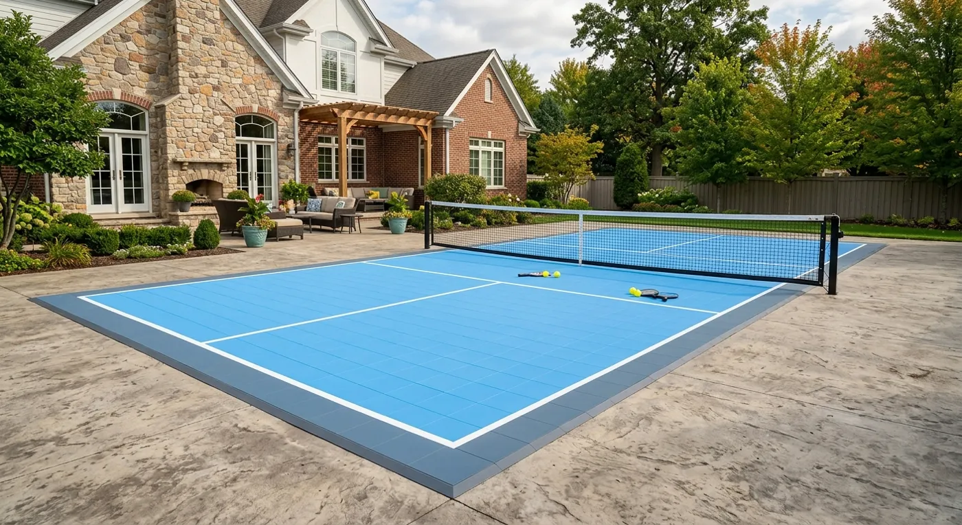 Concept rendering: light blue pickleball court on a patio